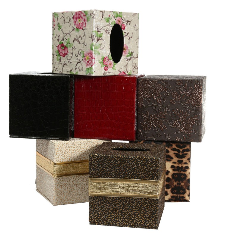 Durable PU Leather Tissue Box Case Cover  Paper Napkin Holder Home Office  - white and gold