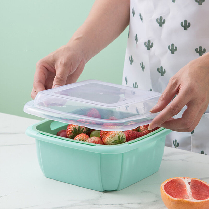 Double Layers Drain Basket Quick Drain Wash Fruits Vegetables Kitchen Tray Storage Basket Kitchen Storage Boxes - Dark Blue