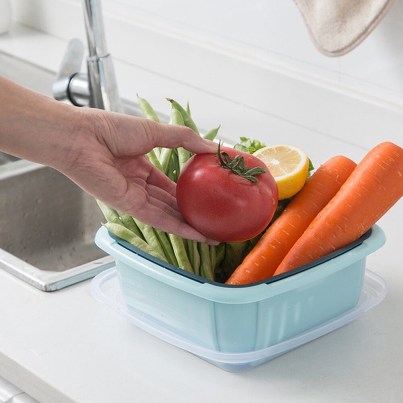 Double Layers Drain Basket Quick Drain Wash Fruits Vegetables Kitchen Tray Storage Basket Kitchen Storage Boxes - Dark Blue