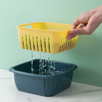Double Layers Drain Basket Quick Drain Wash Fruits Vegetables Kitchen Tray Storage Basket Kitchen Storage Boxes - Dark Blue
