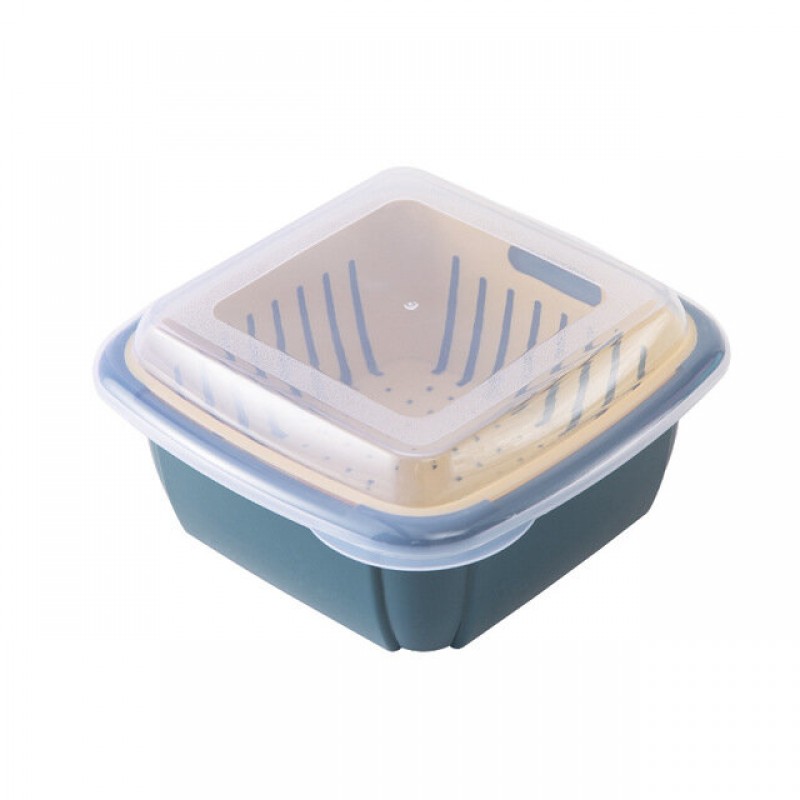 Double Layers Drain Basket Quick Drain Wash Fruits Vegetables Kitchen Tray Storage Basket Kitchen Storage Boxes - Dark Blue