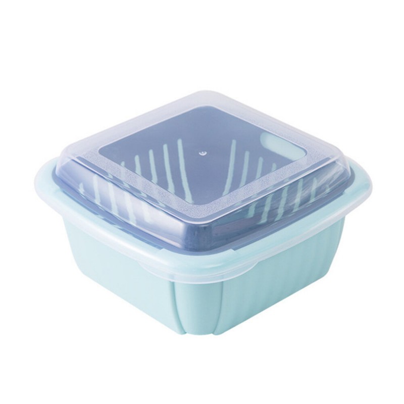 Double Layers Drain Basket Quick Drain Wash Fruits Vegetables Kitchen Tray Storage Basket Kitchen Storage Boxes - Dark Blue