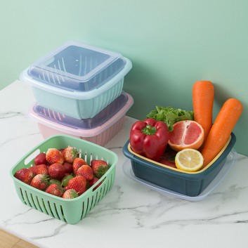Double Layers Drain Basket Quick Drain Wash Fruits Vegetables Kitchen Tray Storage Basket Kitchen Storage Boxes - Dark Blue