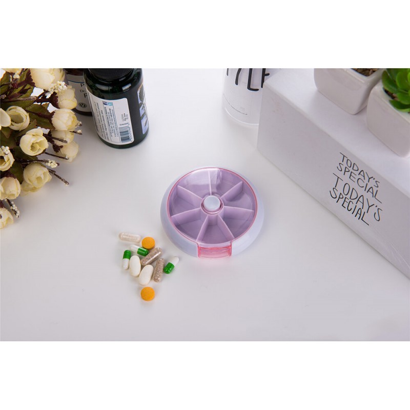 7 Cases Round Pill Box 7 Days Plastic Storage Box Rotating Portable Pill Box Case - Purple