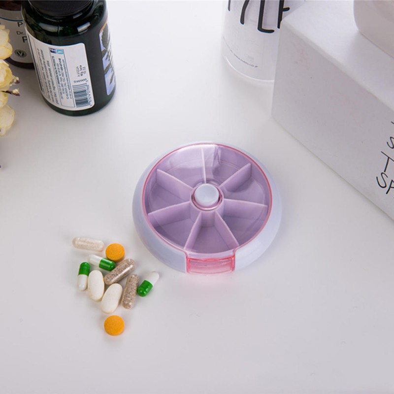 7 Cases Round Pill Box 7 Days Plastic Storage Box Rotating Portable Pill Box Case - Purple