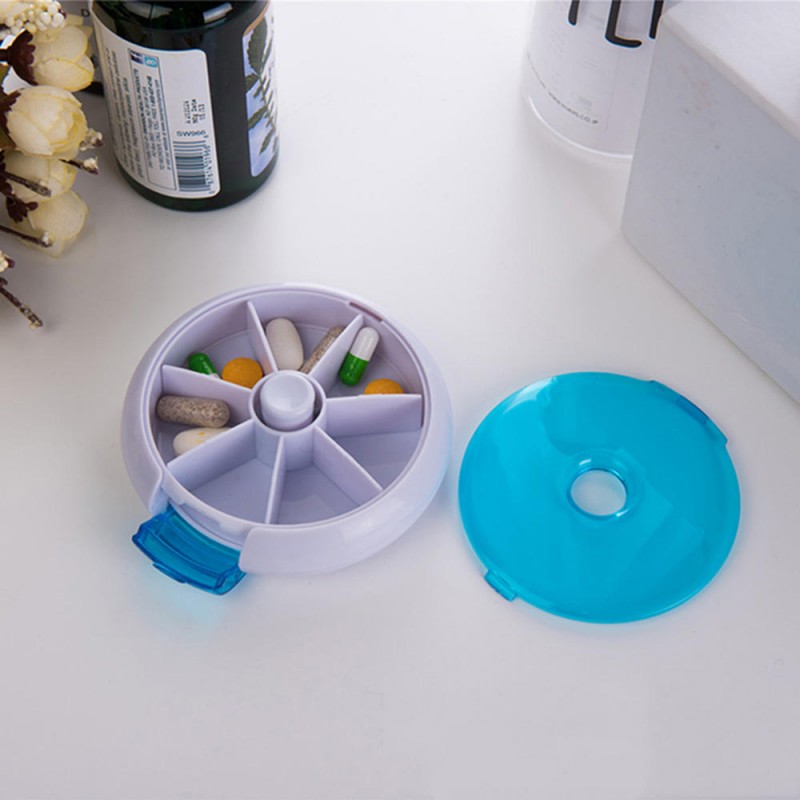 7 Cases Round Pill Box 7 Days Plastic Storage Box Rotating Portable Pill Box Case - Purple