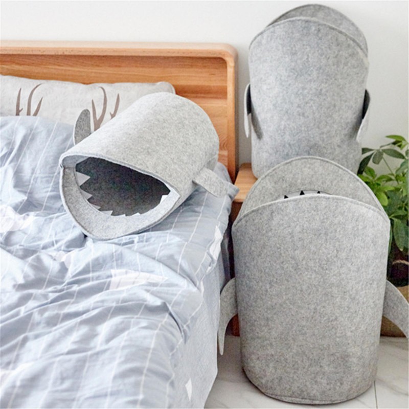 Kids Cartoon Folding Felt Shark Laundry Hamper Toy Storage Baskets Storage Box Bin - L