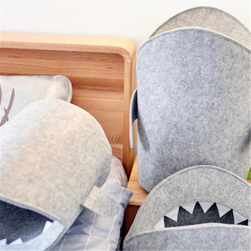 Kids Cartoon Folding Felt Shark Laundry Hamper Toy Storage Baskets Storage Box Bin - L