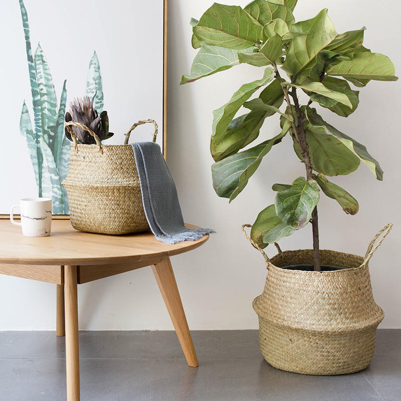 Handmade Seagrass Storage Baskets Foldable Laundry Straw Patchwork Wicker Rattan Seagrass Belly Garden Flower Pot Planter Basket