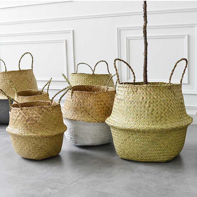Handmade Seagrass Storage Baskets Foldable Laundry Straw Patchwork Wicker Rattan Seagrass Belly Garden Flower Pot Planter Basket