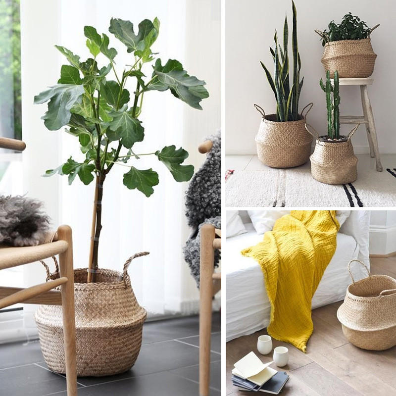 Handmade Seagrass Storage Baskets Foldable Laundry Straw Patchwork Wicker Rattan Seagrass Belly Garden Flower Pot Planter Basket