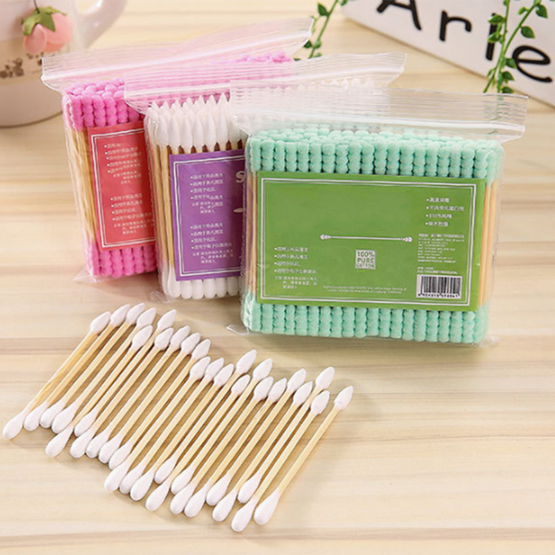 100pcs/ Pack Double Head Cotton Swab Disposable Women Makeup Cotton Buds Tip For Wooden Sticks Ears Clean Health Care Tools - Pi
