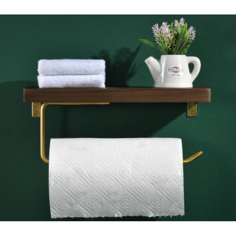 Toilet Roll Paper Holder Towel Metal Wooden Phone Storage Rack Hanging Shelf Paper Tissue Holder - 30cm