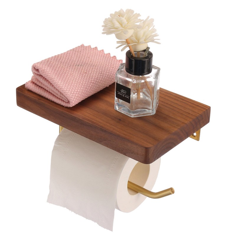 Toilet Roll Paper Holder Towel Metal Wooden Phone Storage Rack Hanging Shelf Paper Tissue Holder - 30cm