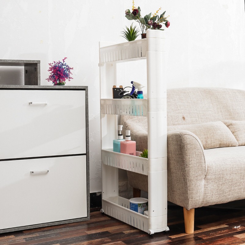 4 Layers Slim Slide Out Kitchen Bathroom Storage Trolley Cart Rack Holder Home - White