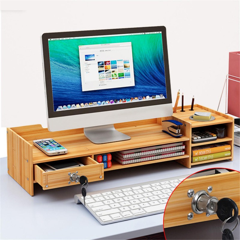 Multi-function Desktop Monitor Stand Computer Laptop Screen Riser Wood Shelf Desk Storage Holder with Lock - Black