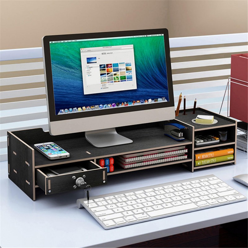 Multi-function Desktop Monitor Stand Computer Laptop Screen Riser Wood Shelf Desk Storage Holder with Lock - Black