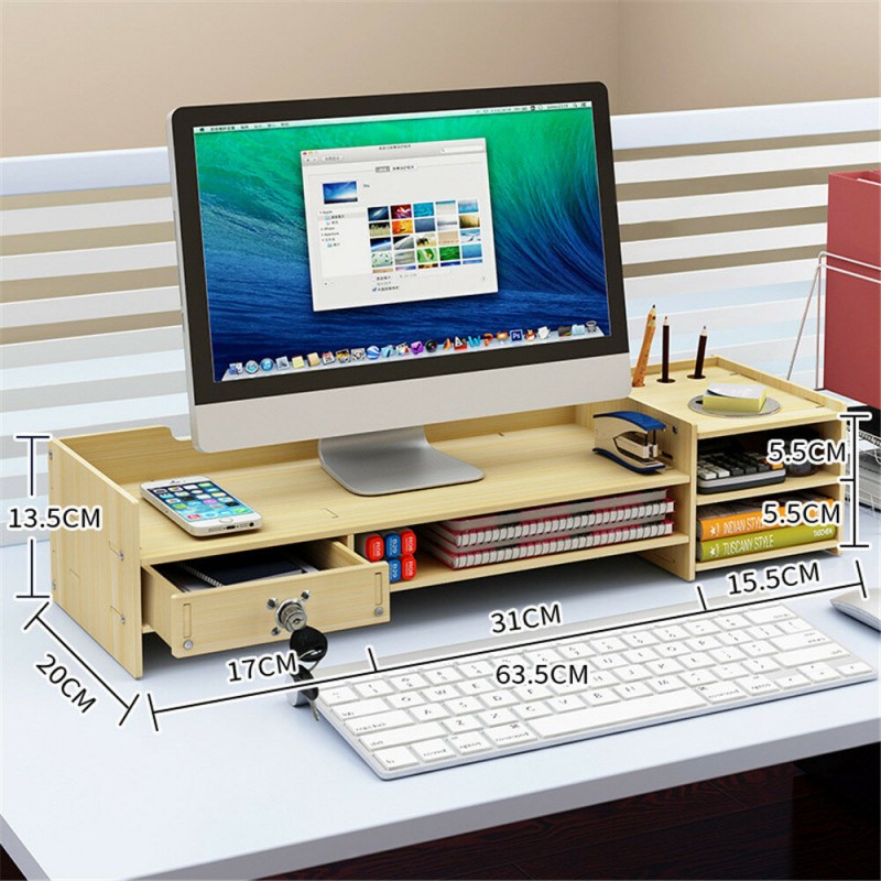 Multi-function Desktop Monitor Stand Computer Laptop Screen Riser Wood Shelf Desk Storage Holder with Lock - Black