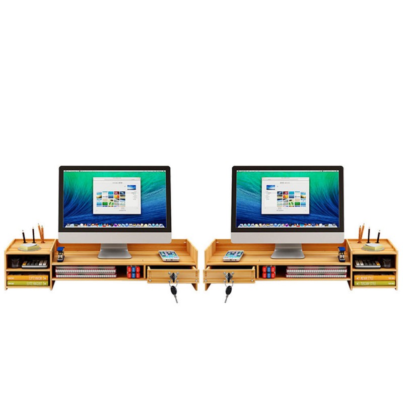 Multi-function Desktop Monitor Stand Computer Laptop Screen Riser Wood Shelf Desk Storage Holder with Lock - Black