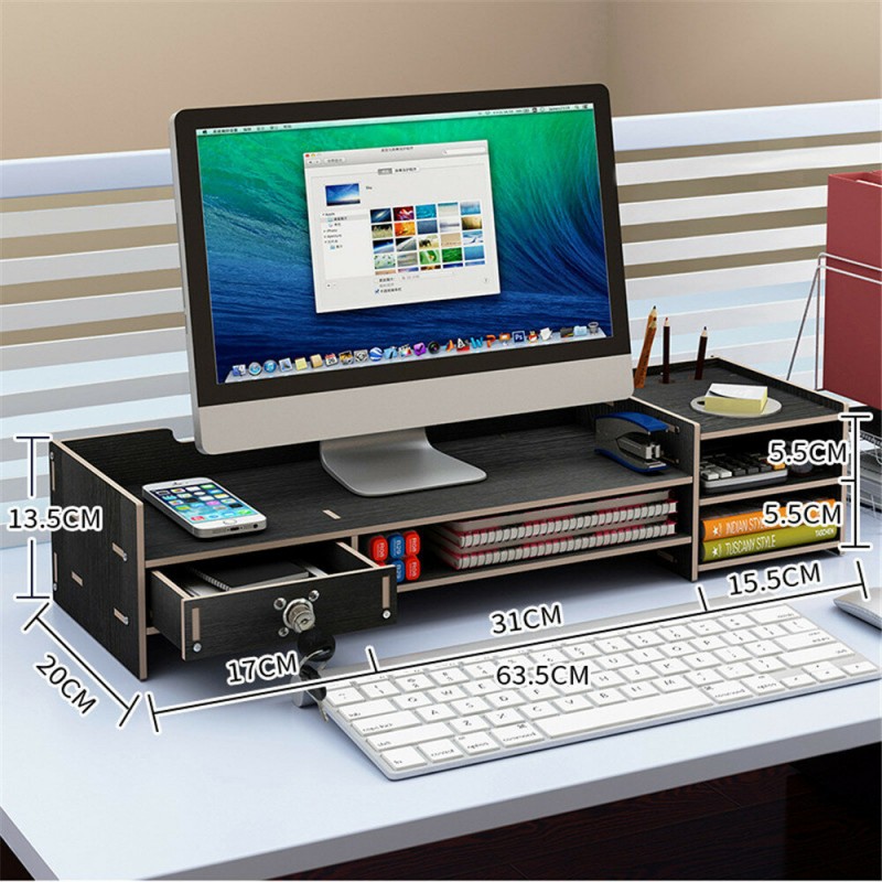 Multi-function Desktop Monitor Stand Computer Laptop Screen Riser Wood Shelf Desk Storage Holder with Lock - Black