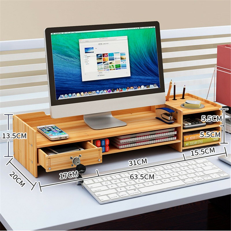 Multi-function Desktop Monitor Stand Computer Laptop Screen Riser Wood Shelf Desk Storage Holder with Lock - Black