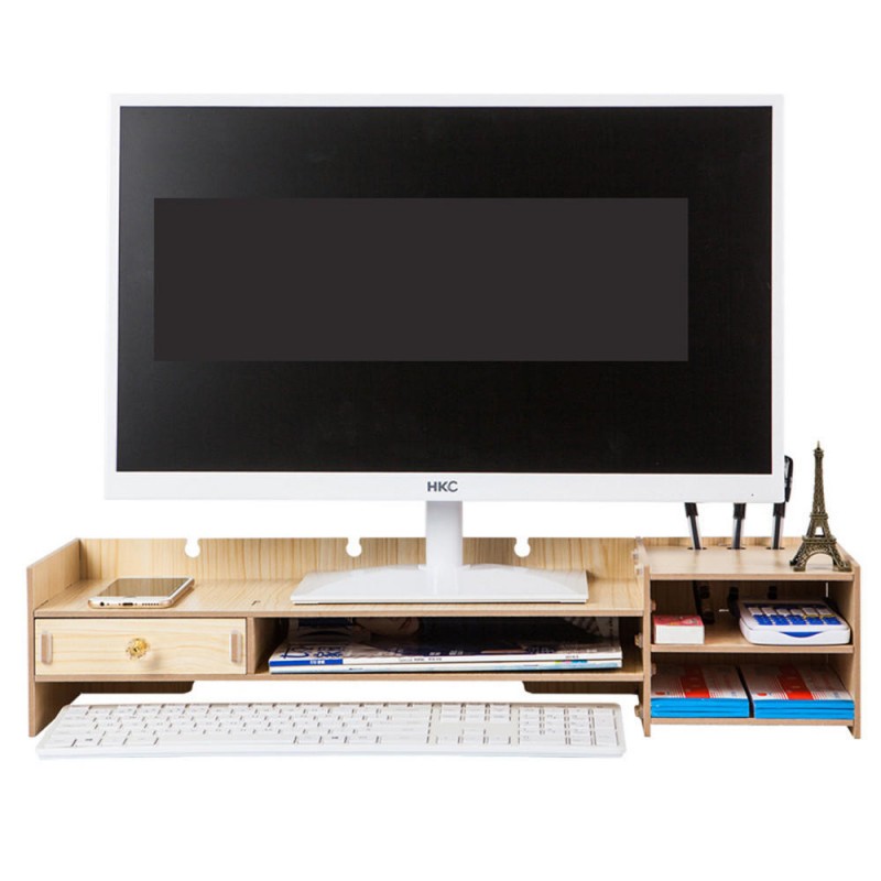 Multi-function Desktop Monitor Stand Computer Laptop Screen Riser Wood Shelf Desk Storage Holder with Lock - Black