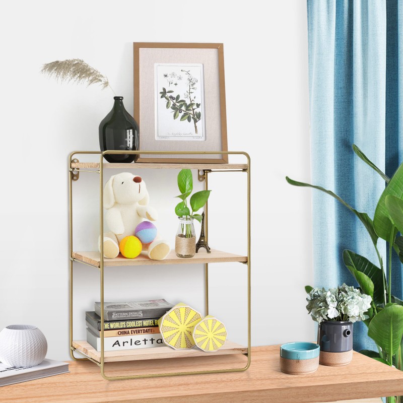 3 Tier Rustic Floating Shelf Golden Wall Shelf Wall Mounted Modern Decor Wood Shelves for Bedroom Home Decor - Black