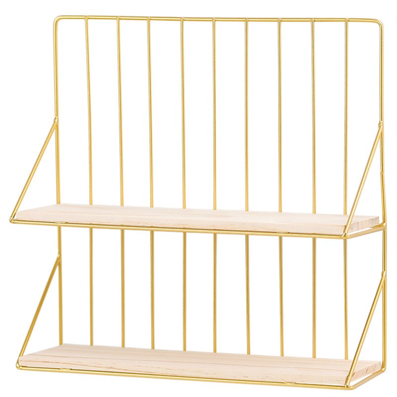 Double-layer Storage Shelf Rack Iron Frame Decorative Wall Hanging Storage Wood Shelf Craft Display Organizer - Black