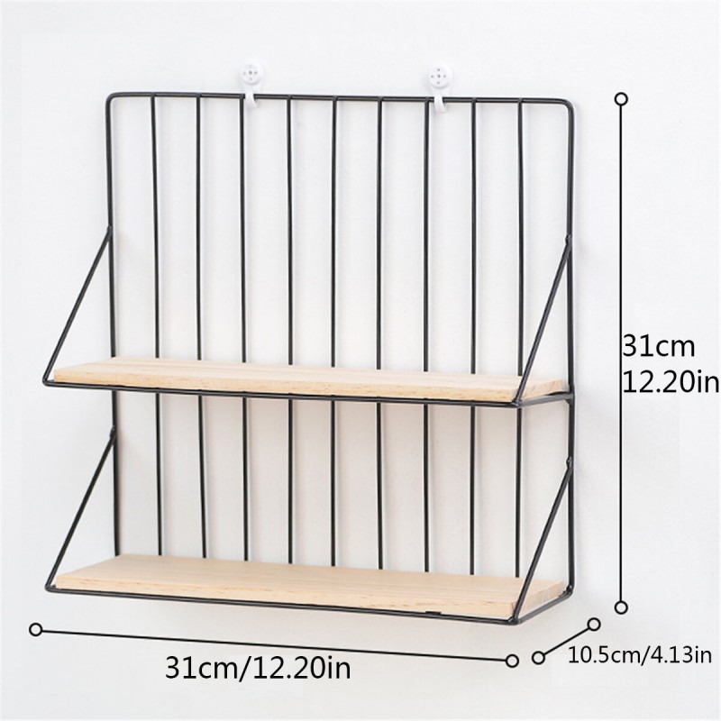 Double-layer Storage Shelf Rack Iron Frame Decorative Wall Hanging Storage Wood Shelf Craft Display Organizer - Black