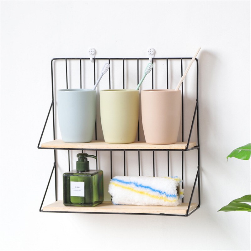 Double-layer Storage Shelf Rack Iron Frame Decorative Wall Hanging Storage Wood Shelf Craft Display Organizer - Black