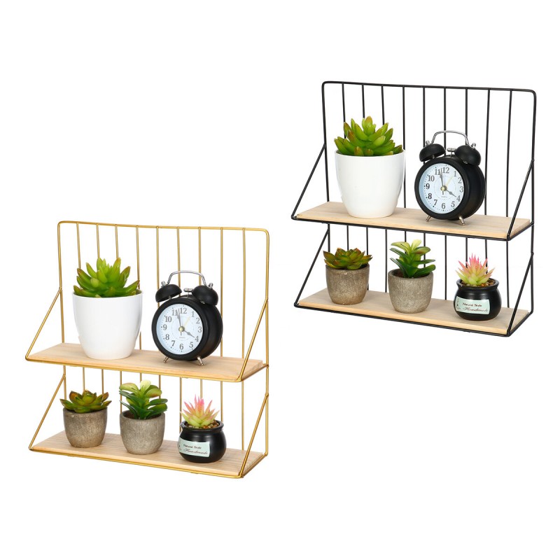 Double-layer Storage Shelf Rack Iron Frame Decorative Wall Hanging Storage Wood Shelf Craft Display Organizer - Black
