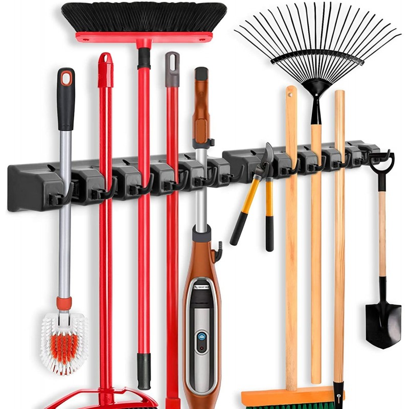 Wall Mounted Multi-Functional Broom Holder Tool Bathroom Kitchen Storage Mop Organizer Holder - 5 Hooks