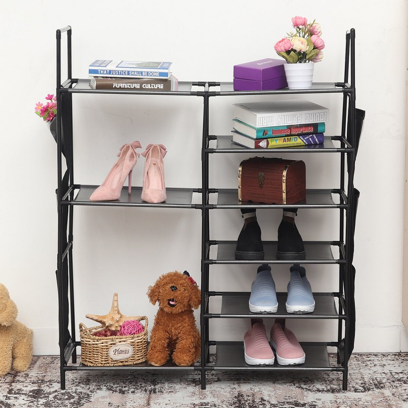 Six-layer Double-row Eight Lattices Shoe Rack Simple Home Large-capacity DIY Assembly Storage Shoe Rack - Black