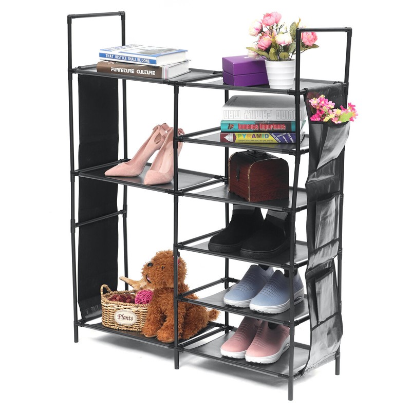 Six-layer Double-row Eight Lattices Shoe Rack Simple Home Large-capacity DIY Assembly Storage Shoe Rack - Black