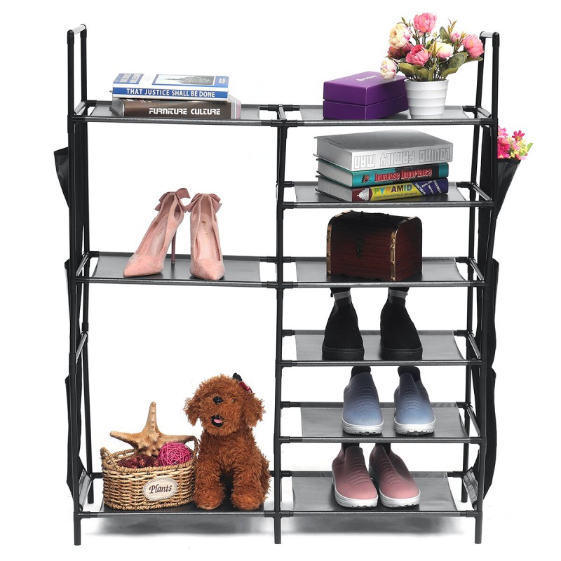 Six-layer Double-row Eight Lattices Shoe Rack Simple Home Large-capacity DIY Assembly Storage Shoe Rack - Black