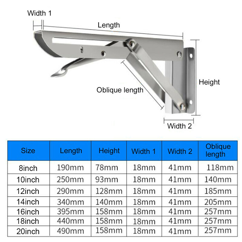 2PCS Stainless Steel Folding Table Bracket Shelf Bench 200kg Heavy Duty 8-20" - White 8 inch