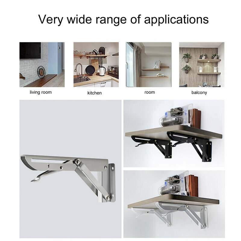 2PCS Stainless Steel Folding Table Bracket Shelf Bench 200kg Heavy Duty 8-20" - White 8 inch