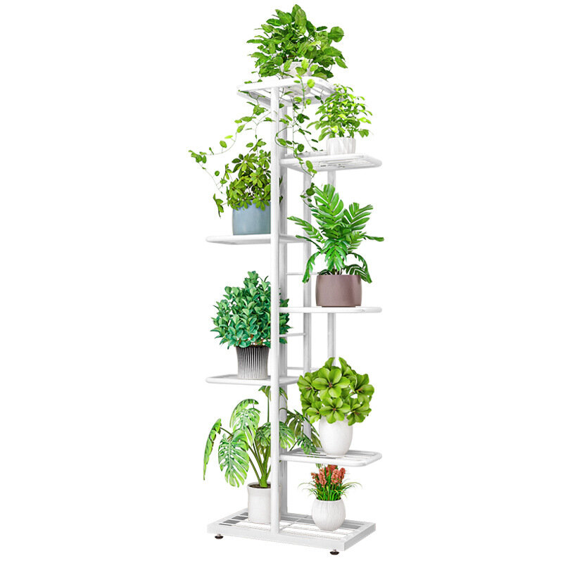 7-layer Simple Flower Stand Anti-rust Durable Circular Foot Pad Design Wrought Iron Shelf - White