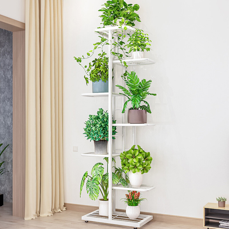 7-layer Simple Flower Stand Anti-rust Durable Circular Foot Pad Design Wrought Iron Shelf - White