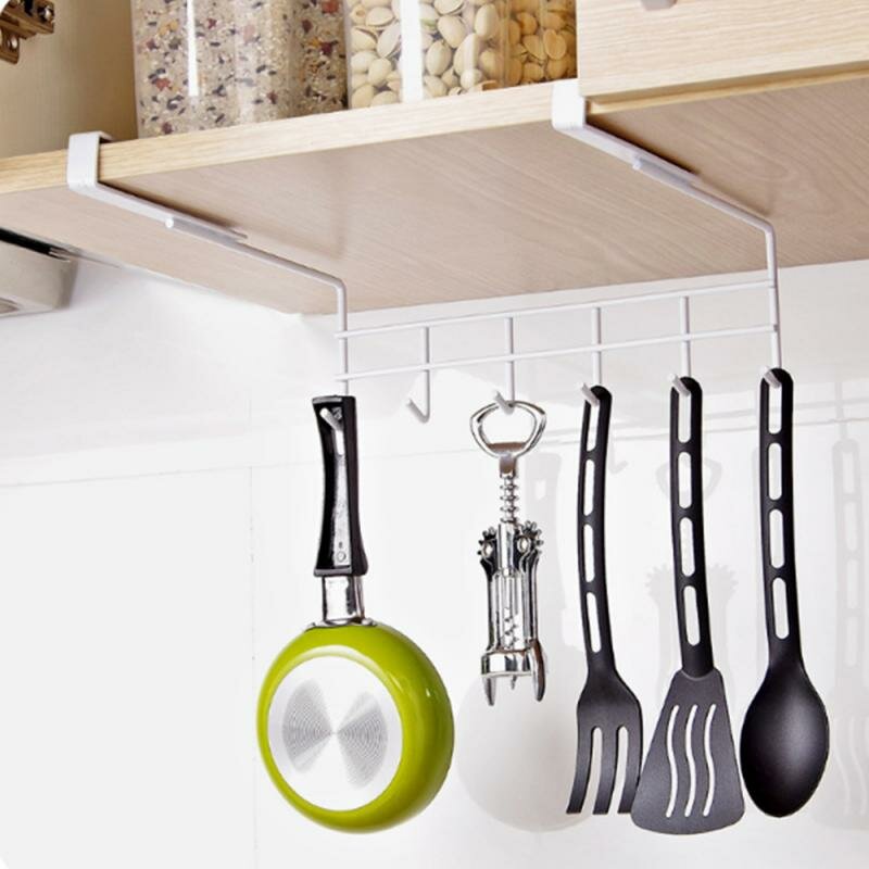 Cabinet Door 6 Hook Rails Hanger Bathroom Hanger Kitchen Hooks Cabinet Door Shelf Removed Storage Rack Home Decor - Black