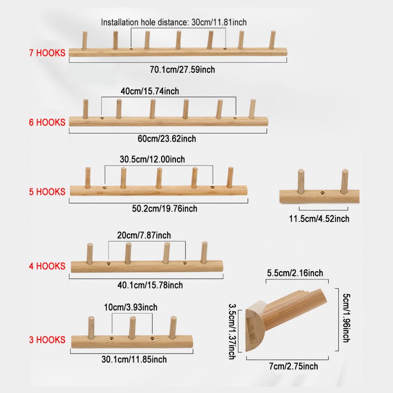 3/4/5/6/7-Tier Sticky Perforated Dual-use Hooks Wall Mounted Coat Rack Bamboo Entrance Hallway Door Hook - 4 Hooks