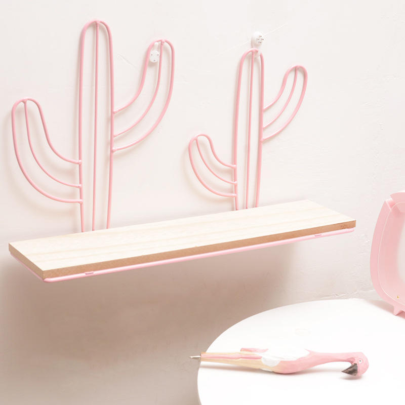 Mount Hanging Storage Shelf Rack Iron Cactus House Wood Board Wall Shelf Room Decor - Peach M
