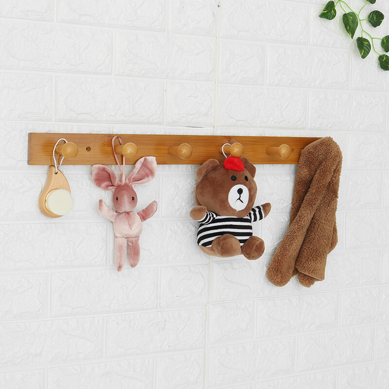 Wall-mounted Clothes Hook Natural Bamboo Coat Hanger Home Key Bag Storage Shelf - Coffee 6 Hooks