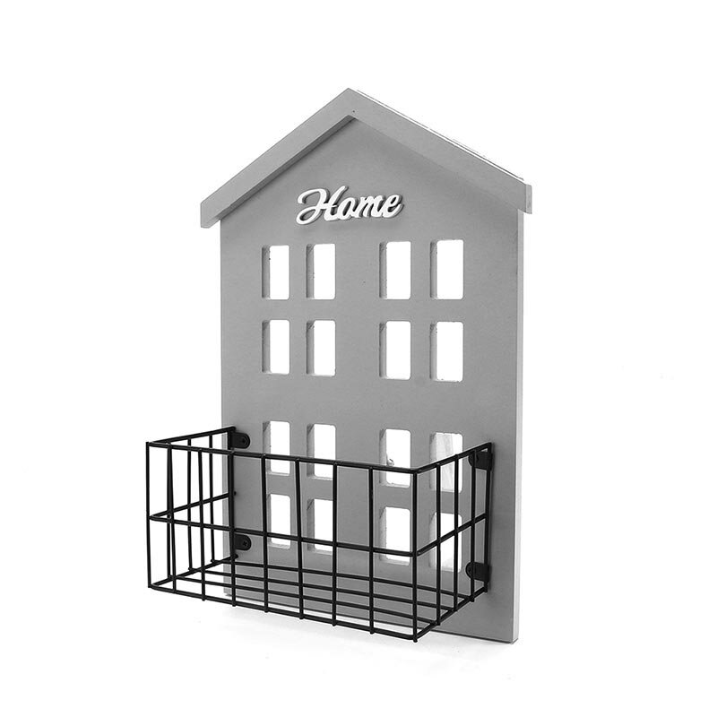 KC-WH05 Wall Mount Wood Metal Storage Basket Bedroom Bathroom Hat Key Door Hook - Grey