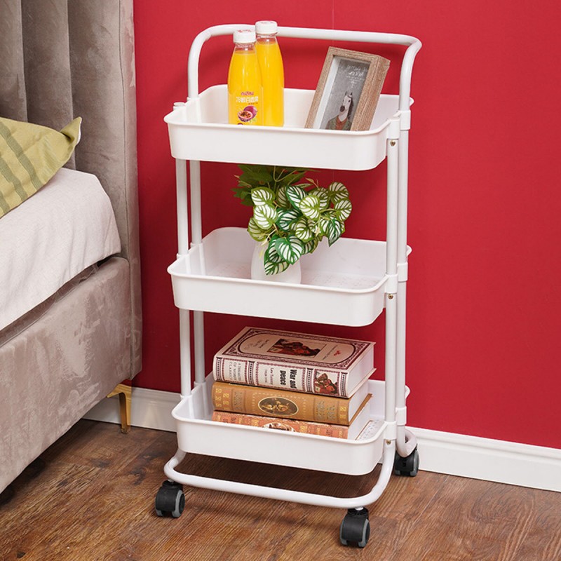 3 Layer Kitchen Storage Rack Shelf with Wheels Slim Slide Tower Movable Assemble Plastic Shelf  for Kitchen Bathroom Shelf - Whi