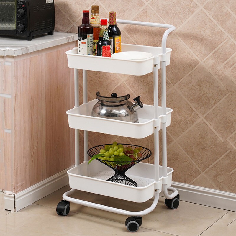 3 Layer Kitchen Storage Rack Shelf with Wheels Slim Slide Tower Movable Assemble Plastic Shelf  for Kitchen Bathroom Shelf - Whi