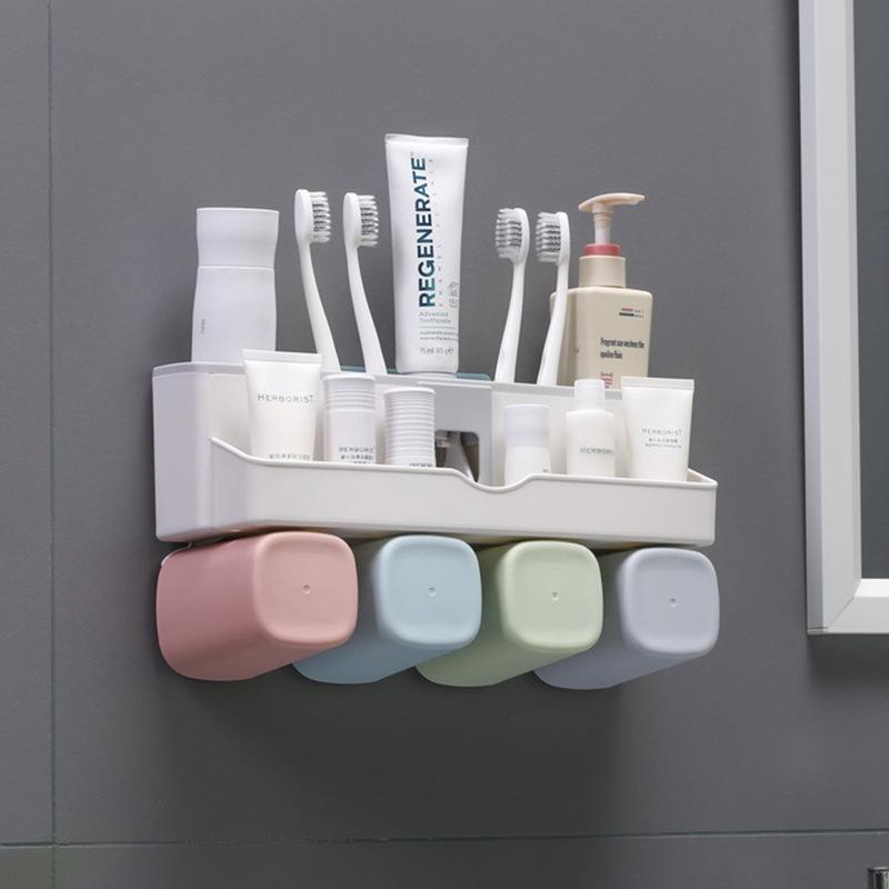 Toothbrush Holder Set Storage Suplies Save Space No Drill Wall Mount Toothpaste Dispenser Multi-Functional Slots Bathroom Strong