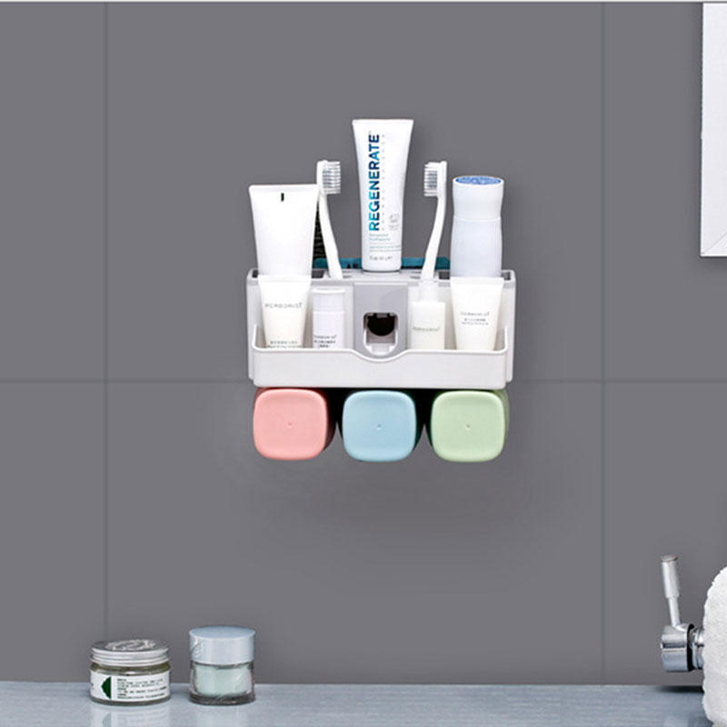 Toothbrush Holder Set Storage Suplies Save Space No Drill Wall Mount Toothpaste Dispenser Multi-Functional Slots Bathroom Strong