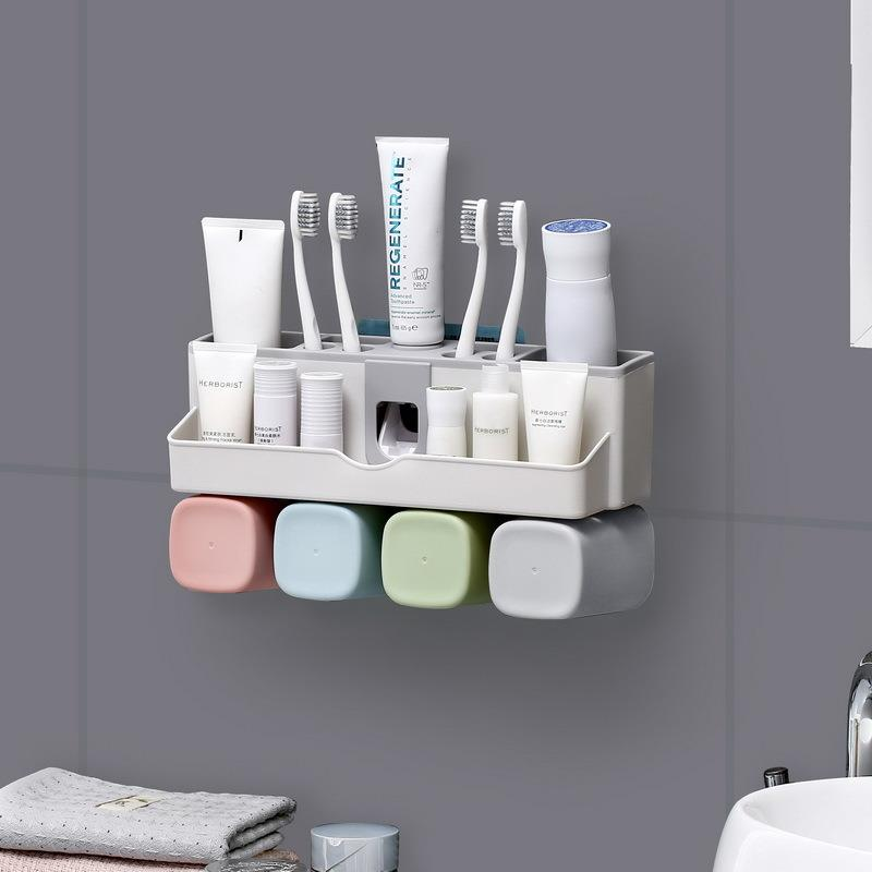 Toothbrush Holder Set Storage Suplies Save Space No Drill Wall Mount Toothpaste Dispenser Multi-Functional Slots Bathroom Strong