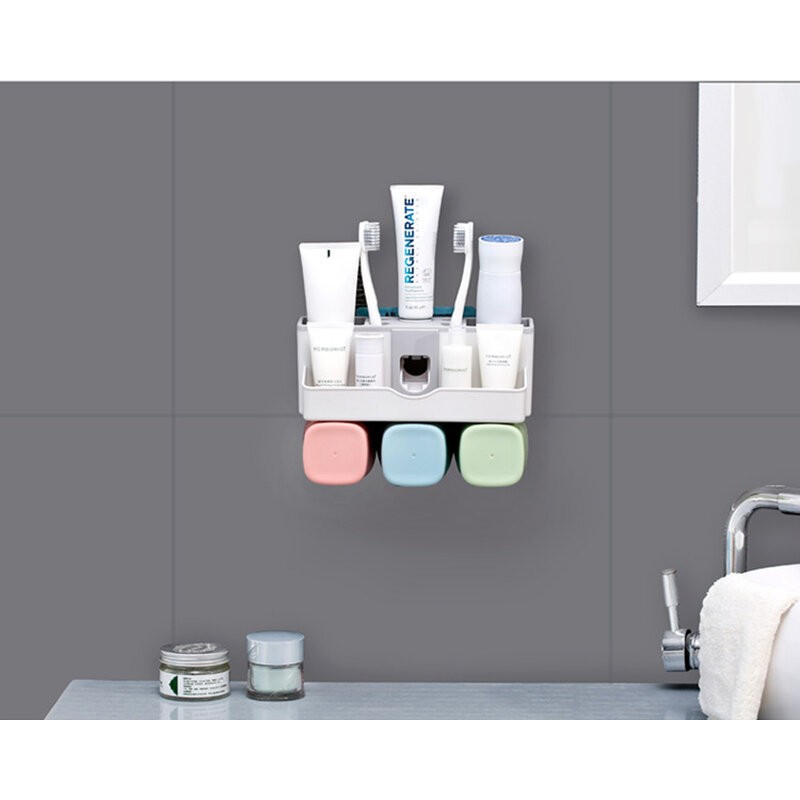 Toothbrush Holder Set Storage Suplies Save Space No Drill Wall Mount Toothpaste Dispenser Multi-Functional Slots Bathroom Strong